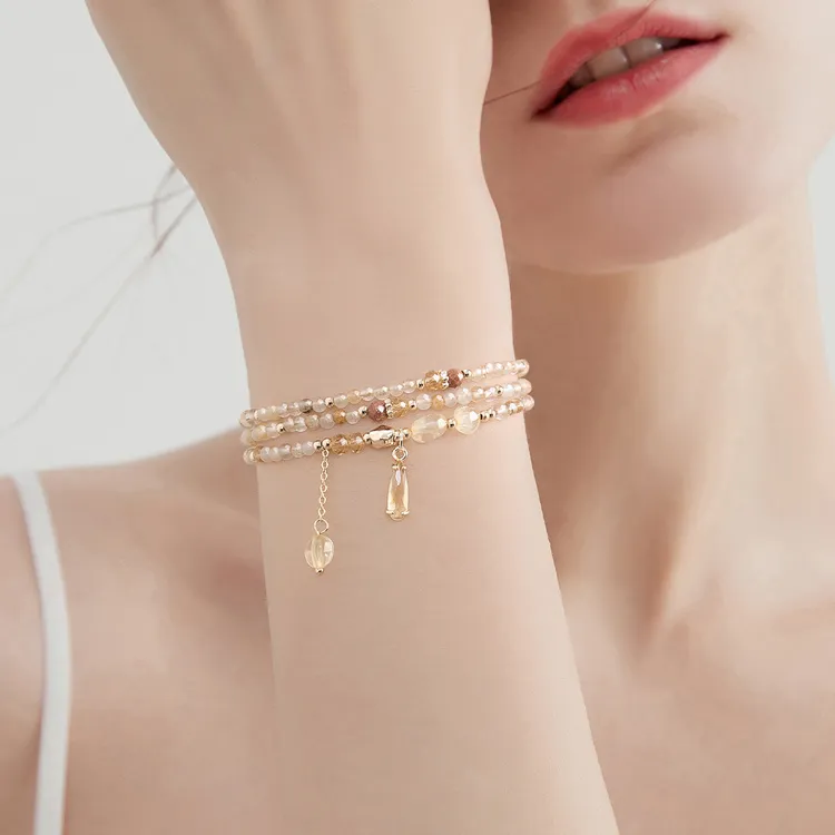 黄兔毛水晶手串女轻奢小众高级感双层叠戴黄色水晶串珠手链首饰品