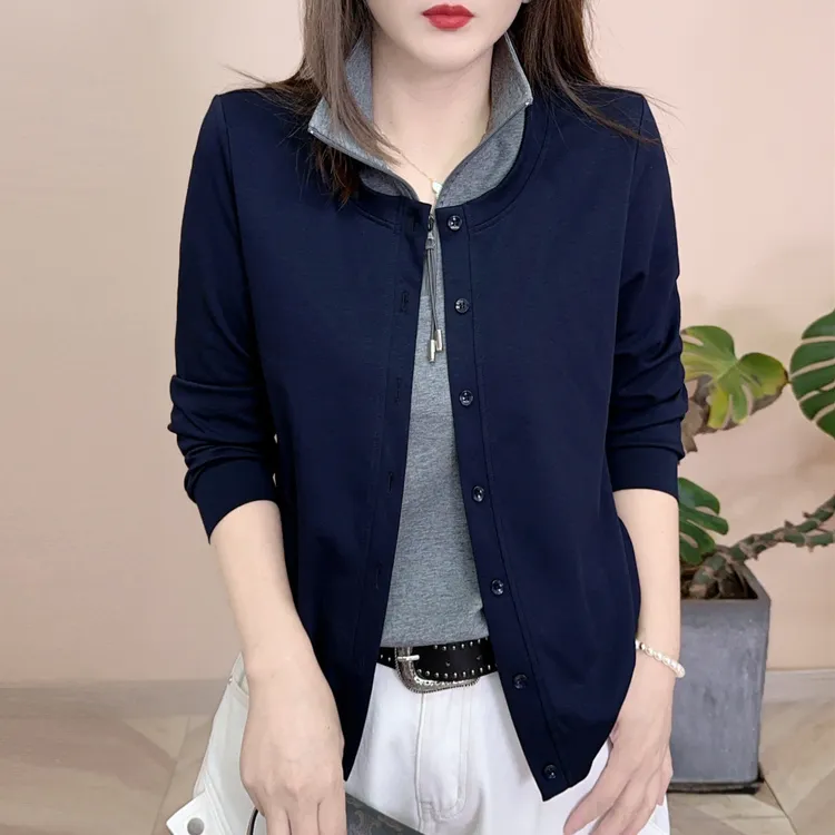 2025早秋新品时尚百搭修身显瘦个性假两件卫衣女士长袖上衣8131