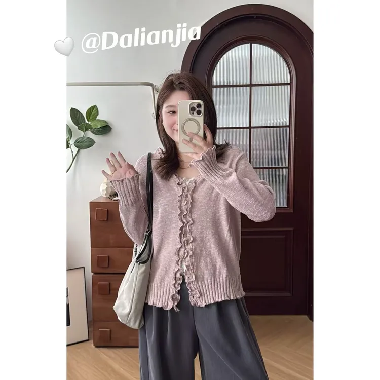 晶咕佳佳【木耳编织】木耳边V领针织上衣气质长袖时尚百搭洋气