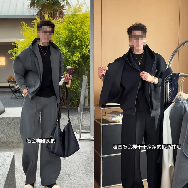 秋冬新品重磅美式休闲连帽卫衣套装男简约廓形显瘦外套直筒卫裤潮
