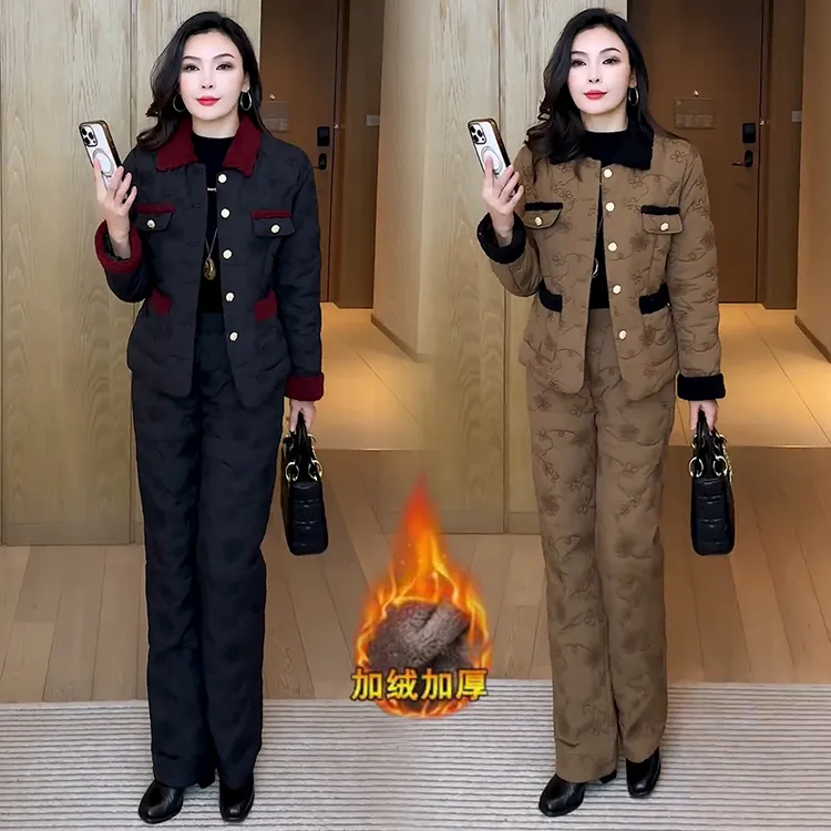 加绒加厚时尚套装女冬季新款洋气小香风棉服外套阔腿裤保暖两件套