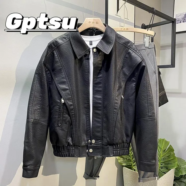 GPTSu春秋季潮流男帅气翻领纯色机车皮衣短款棒球皮夹克宽松外套