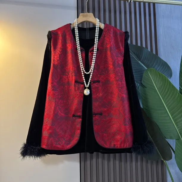 中国风大码提花马甲常规款唐装宽松新中式两面斜襟复古网红时尚