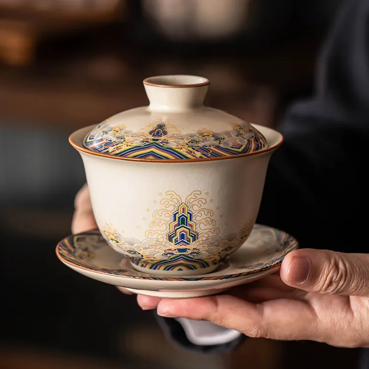 米黄汝窑女士三才盖碗单个大号泡茶碗家用陶瓷可养开片功夫茶具商品图