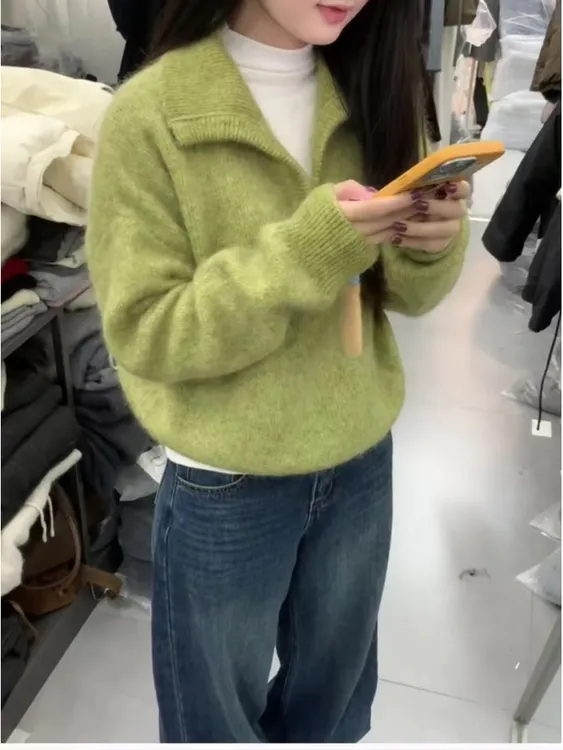 韩系慵懒高级感半开领套头毛衣女2025秋冬新款保暖百搭针织衫上衣