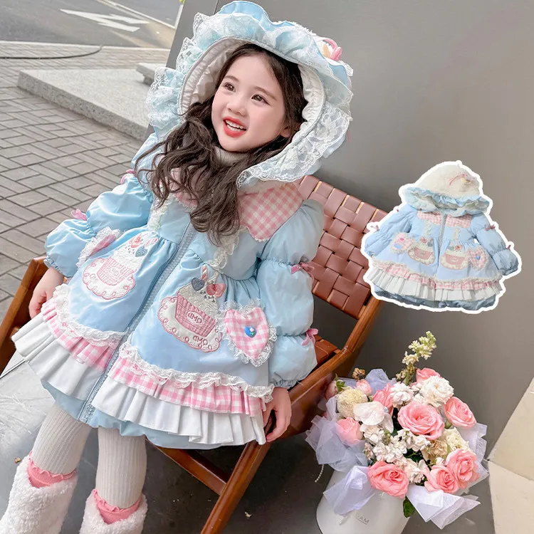 女宝洛丽塔风蓝色刺绣草莓蛋糕加厚保暖棉服棉袄新款冬装公主外套