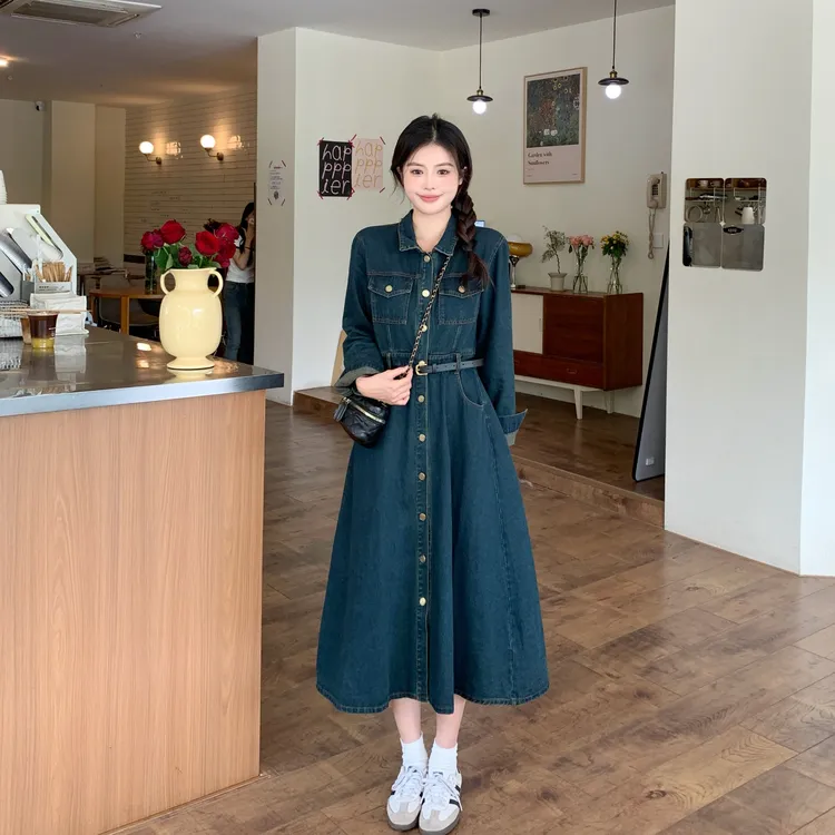 大码女装显瘦遮肉长袖连衣裙2025春季新款胖mm时尚休闲牛仔裙子