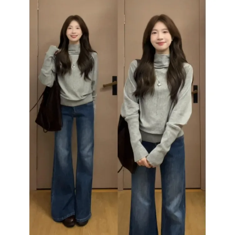 MARIE.COCO韩里韩气穿搭高领蝙蝠袖针织衫秋季新款高腰微喇牛仔裤