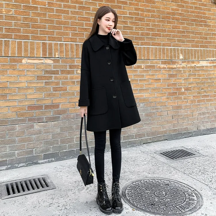 秋冬女毛呢外套大码中长款显瘦毛呢大衣显瘦黑色时尚冬季加棉加厚