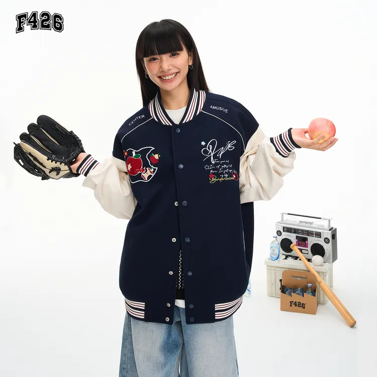 F426国潮牌美式情侣重工刺绣秋季趣味苹果棒球服外套穿搭7340 XH