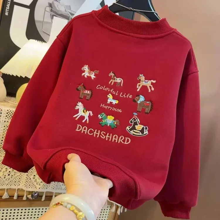 爆款男女童加绒红色卫衣秋冬2026儿童拜年加绒冬季新款加厚上衣