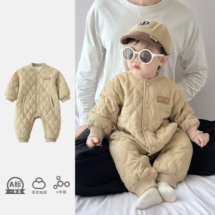  婴儿棉服衣服加绒保暖过年外出宝宝新年爬服棉衣冬季连体衣哈衣