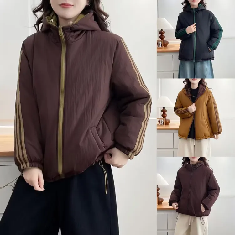 大码胖mm两面穿撞色棉服冬季新款简约宽松百搭连帽保暖外套2586