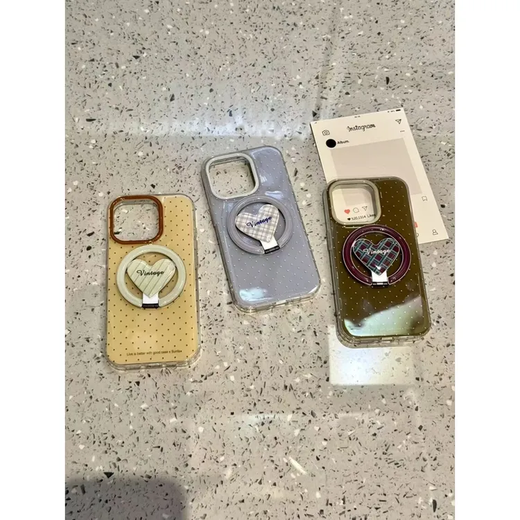 ins简约波点爱心格纹支架适用苹果16pro手机壳个性iPhone15简约14