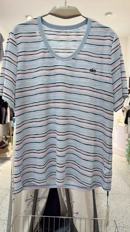 宽松型短袖大码条纹港风蓝色条纹T恤半袖休闲显瘦t恤女士