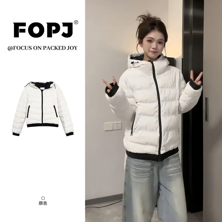 FOPJ秋冬韩系排骨棉服女设计感撞色棉衣轻薄保暖加绒连帽外套上衣