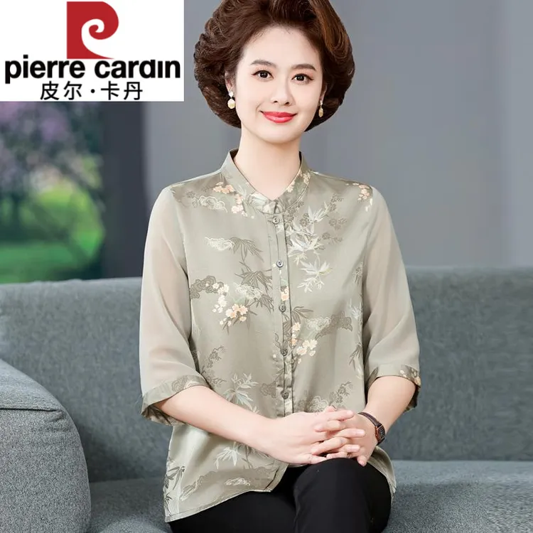 皮尔卡丹妈妈装夏季新款时尚中袖中老年衬衫宽松洋气奶奶装桑蚕丝
