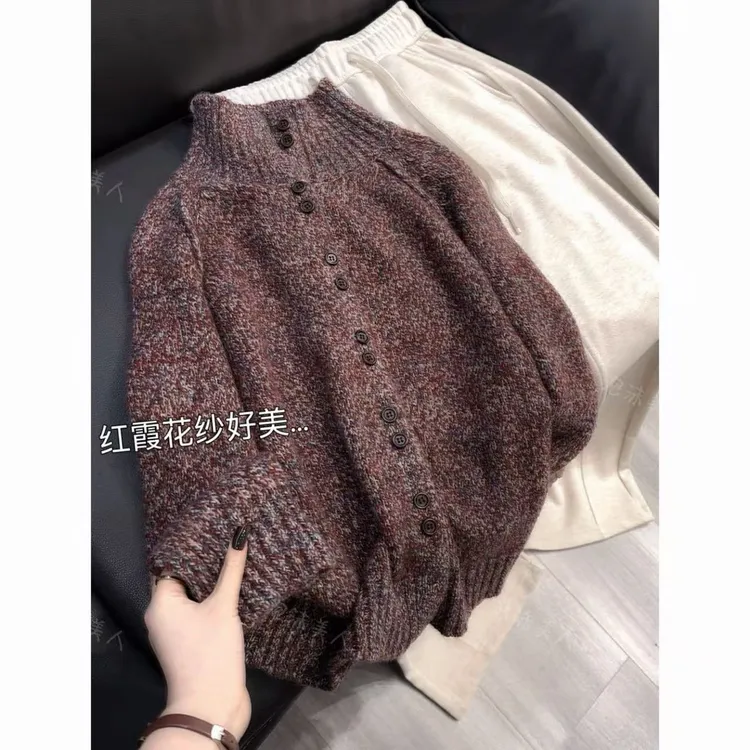 红霞花纱」气质多扣立领加厚保暖冬季外套宽松针织毛衣显白洋气