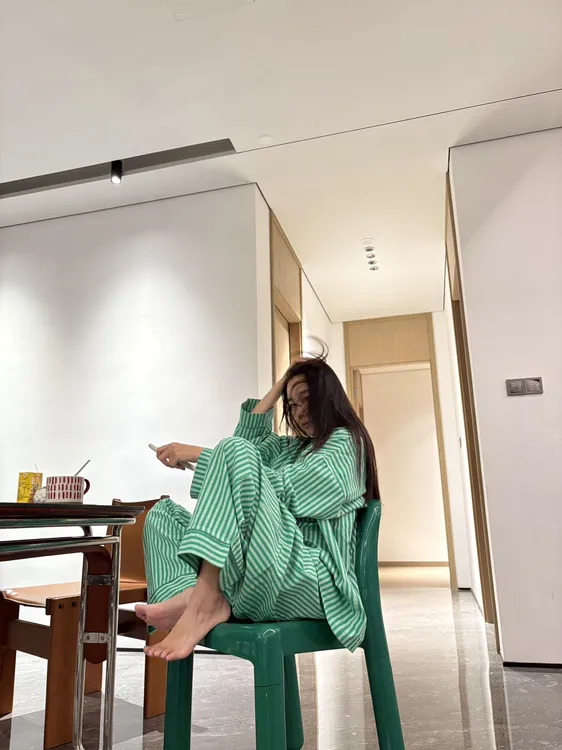 甜美慵懒感撞色条纹睡衣女春秋新款休闲长袖长裤家居服套装可外穿