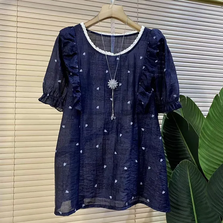 C胖mm欧货时尚新款洋气木耳边爱心减龄显瘦短袖上衣