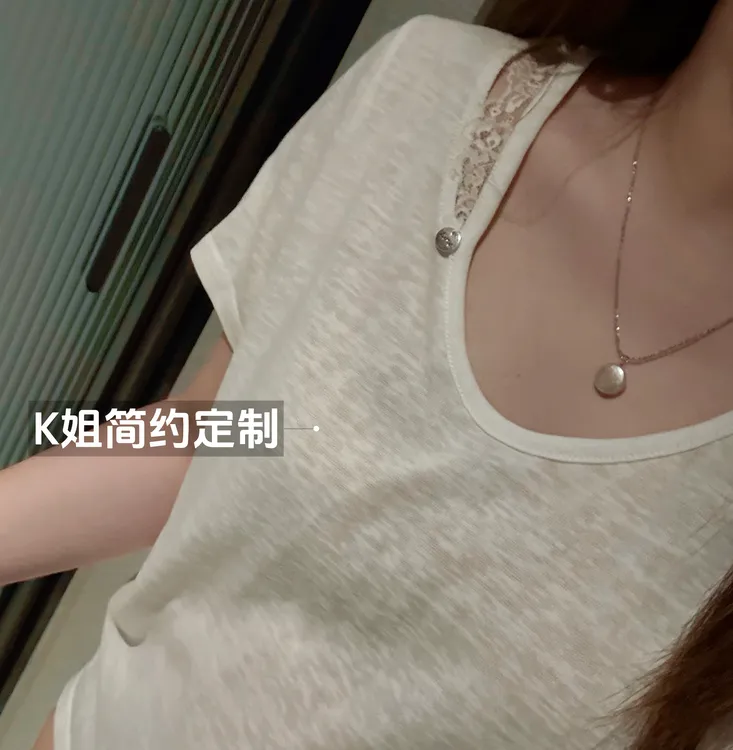 GTNER"KK定制"蕾丝拼接鸡蛋领短袖T恤夏季薄款宽松上衣D1990