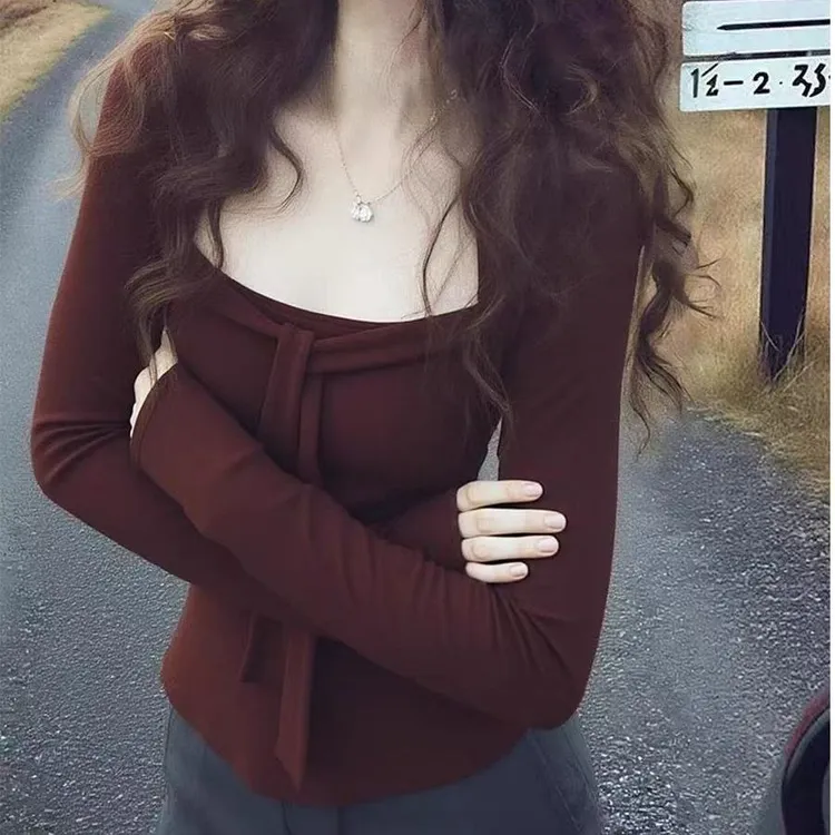方领长袖正肩打底秋季设计辣妹修身显瘦上衣T恤秋冬磨毛加绒绑带
