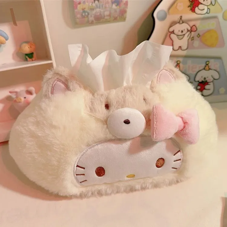 kitty纸巾盒可爱猫咪奶黄毛绒家用客厅卫生间卡通抽纸盒车载CFH