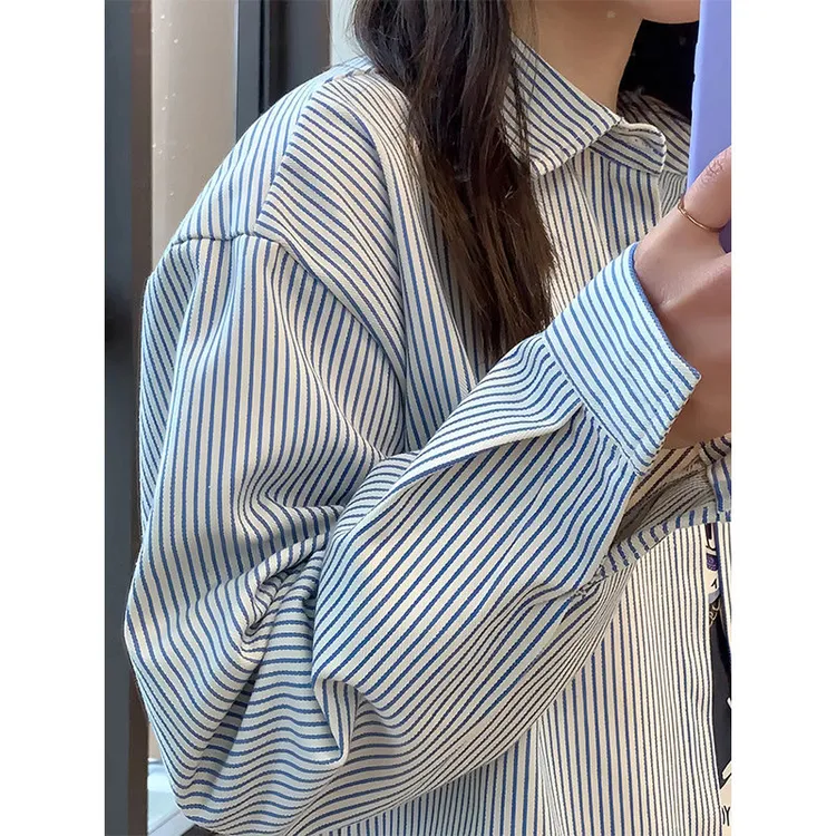 蓝色黑白条纹衬衫男长袖高级感美式复古衬衣cleanfit春季情侣外套