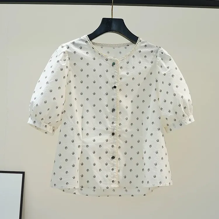 小花朵印花泡泡袖衬衫女2025夏季新款圆领蕾丝拼接洋气收腰上衣潮