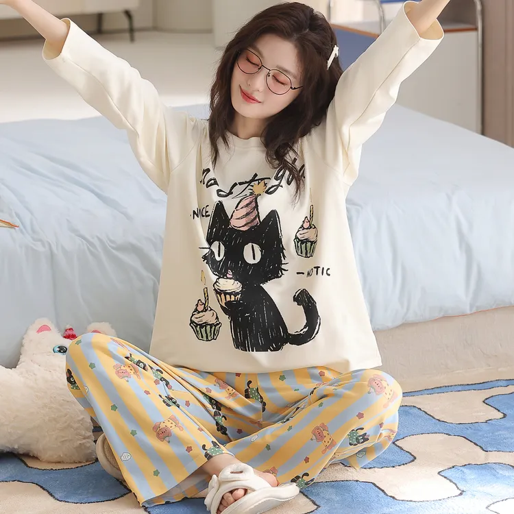 卡之恋睡衣女春秋新款长袖40支紧赛精梳双面纯棉减龄许愿猫居服