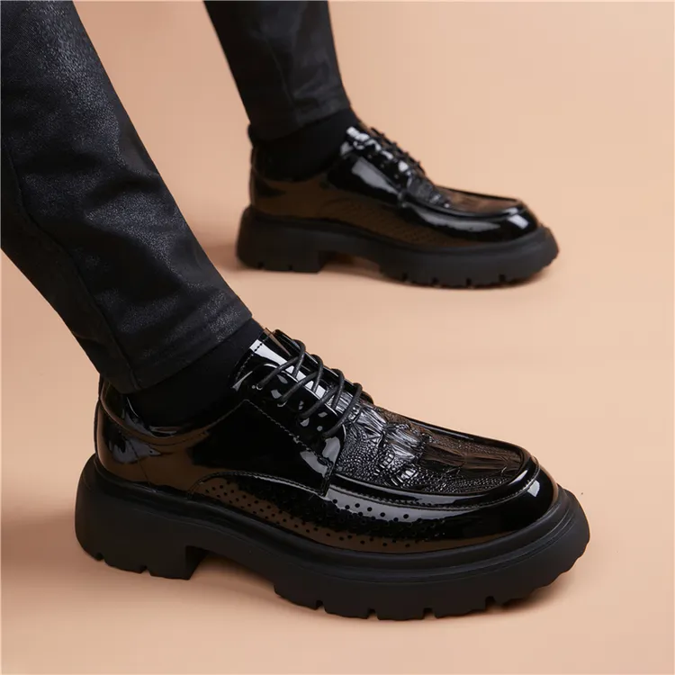 男士厚底皮鞋韩版增高英伦新款镂空透气休闲男鞋商务正装百搭黑色