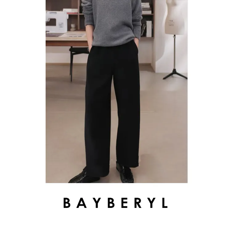 BAYBERYL老贝easy裤*萝卜开叉百搭秋毛呢黑休闲裤XXK5E2825-10/26