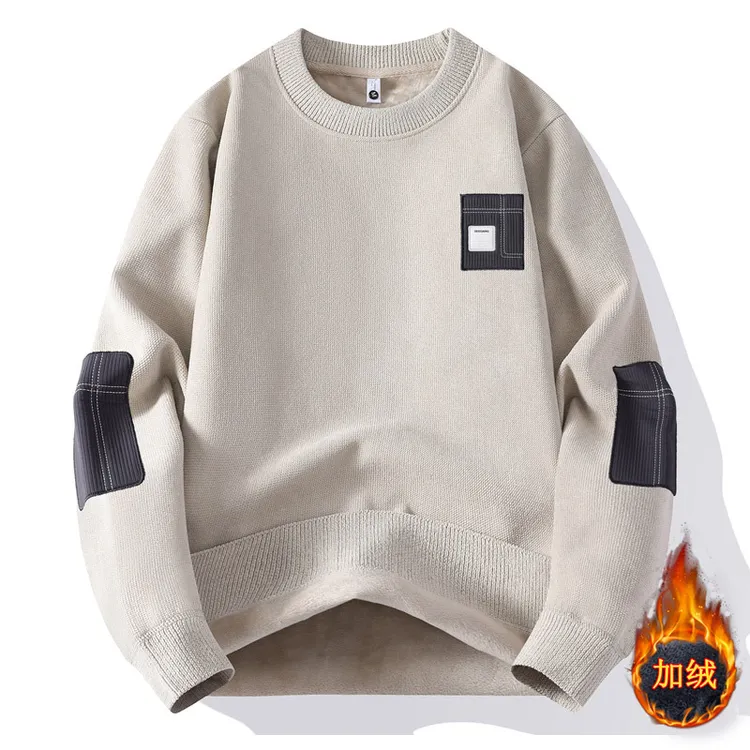 秋冬季加绒男士毛衣青年长袖T恤潮牌针织衫莫兰绒一体绒保暖卫衣
