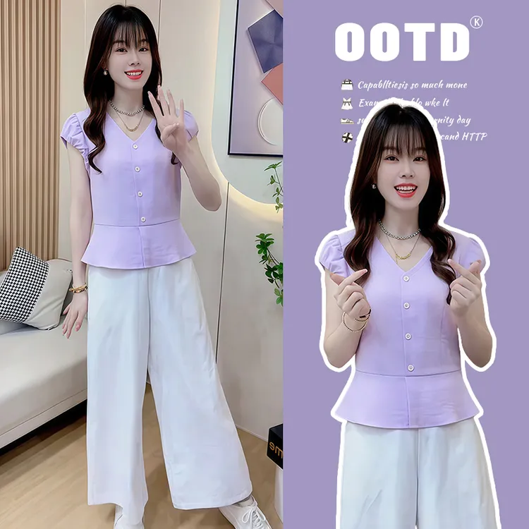 啊小个子夏季时尚休闲衬衫女2025年新款v领高级感花苞袖纯色上衣