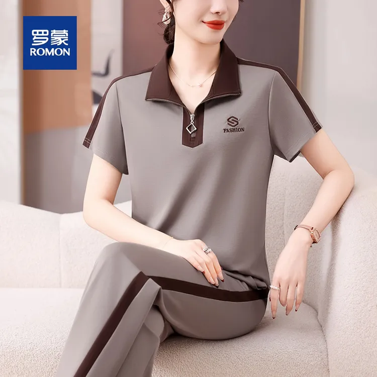 罗蒙休闲运动服短袖套装女2025夏季新款洋气减龄显瘦中老年妈妈装