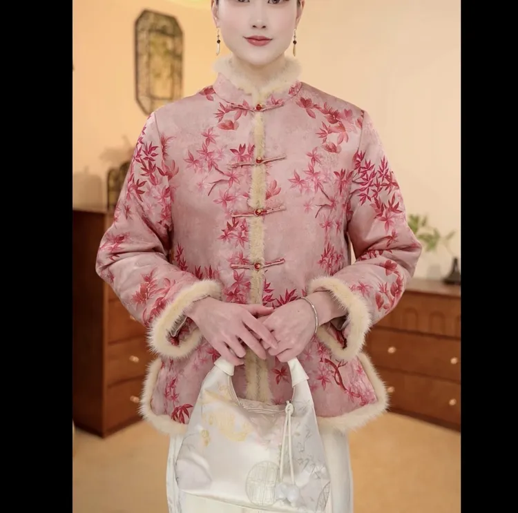 枫叶提花国风棉服外套女冬款新中式复古立领加厚宽松棉衣女001