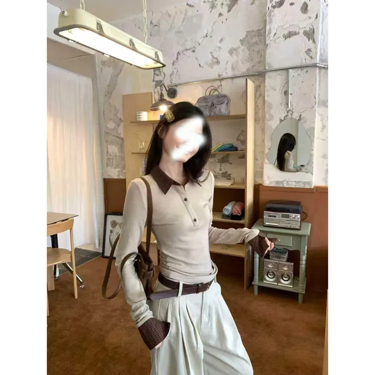 宋正恩9/22 10:00AM上新【奶茶色调 咖色格子拼接polo领假两ZE7988