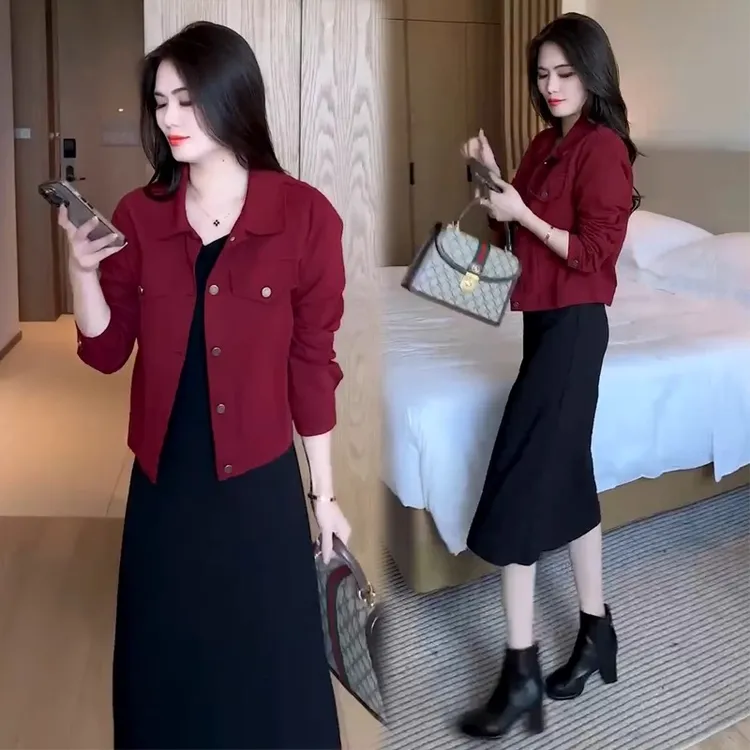 时尚套装裙女2025春季新款时髦洋气牛仔短外套连衣裙显瘦两件套裙