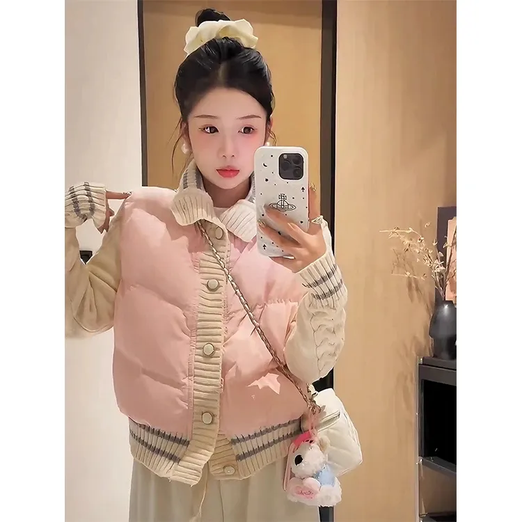 韩系温柔风粉色拼接针织棉服外套女冬季甜美减龄加厚保暖夹克棉衣