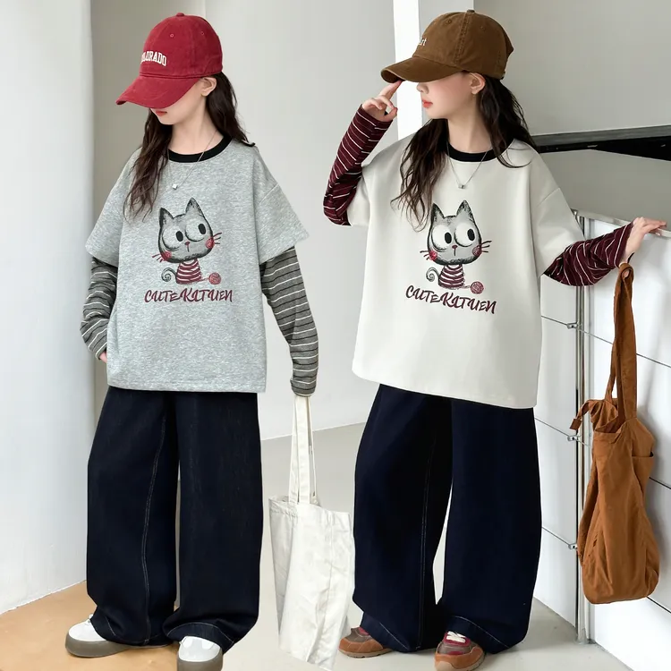 女童春秋休闲潮酷拼接条纹卫衣时尚韩版牛仔阔腿裤中大童儿童潮