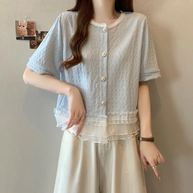 大码法式蕾丝花边钉珠短袖衬衫女夏季微胖MM显瘦百搭洋气减龄上衣