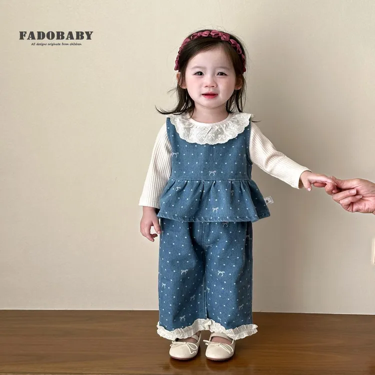 女童春装洋气牛仔套装可爱打底衫牛仔背心阔腿裤子宝宝洋气外出服