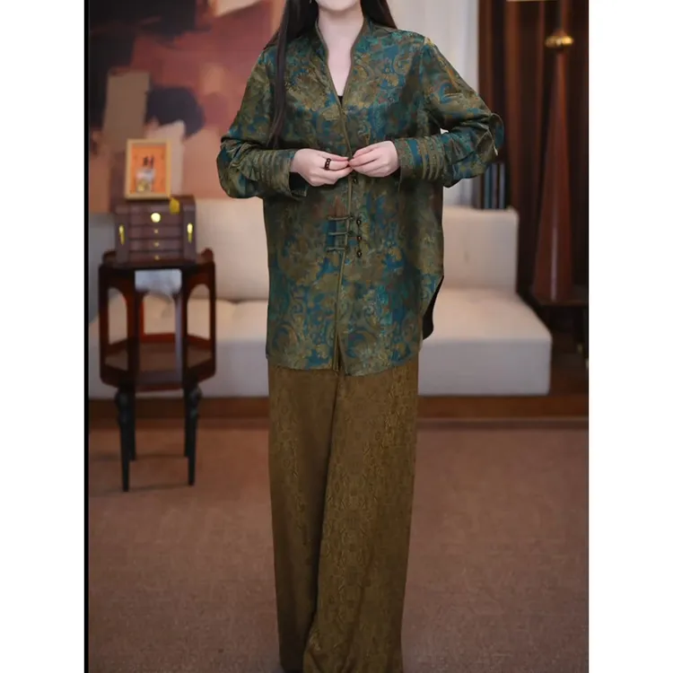 新中式百搭轻奢女装2025秋新御姐轻熟风洋气质干练印花衬衫休闲裤