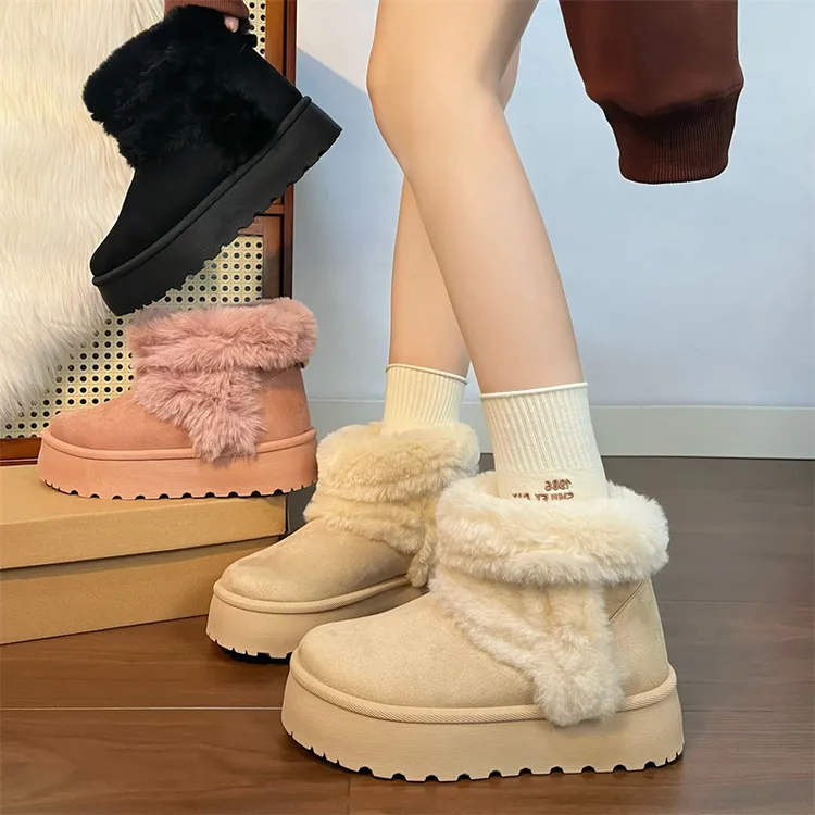 人本雪地靴女款秋冬季新款百搭爆款加绒加厚保暖皮毛一体厚底棉鞋
