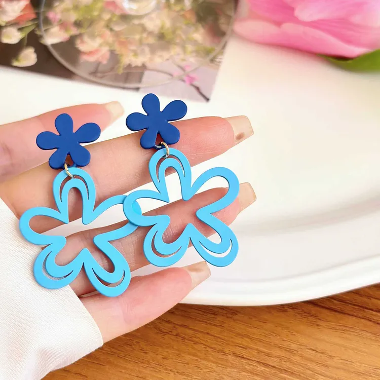 铜合金亚克力耳饰 甜美小清新多巴胺耳饰耳环粉色花耳钉镂空花朵 