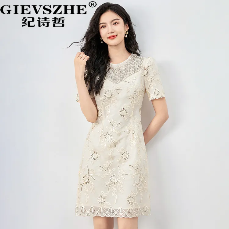 纪诗哲重工亮片绣花女装复古气质名媛连衣裙夏季法式显瘦小礼服女
