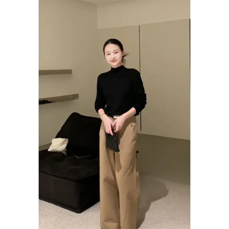 秋季时尚御姐风修身显瘦长袖上衣休闲简约百搭宽松阔腿长裤套装女