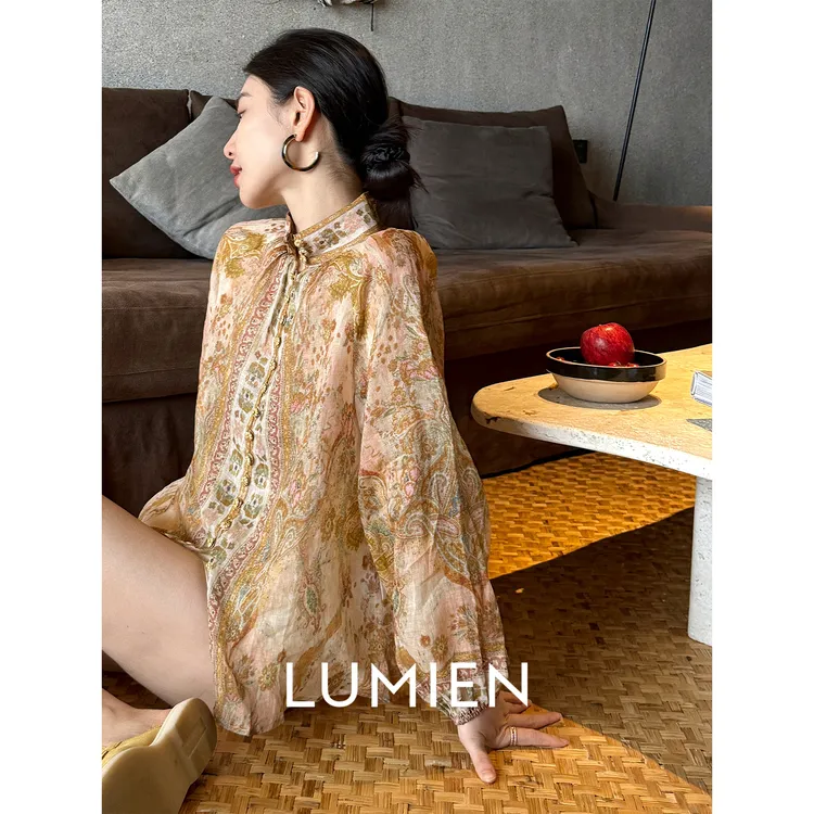 【LUMIEN】度假风复古定位印花设计感灯笼袖苎麻长袖衬衫LX5CCC057