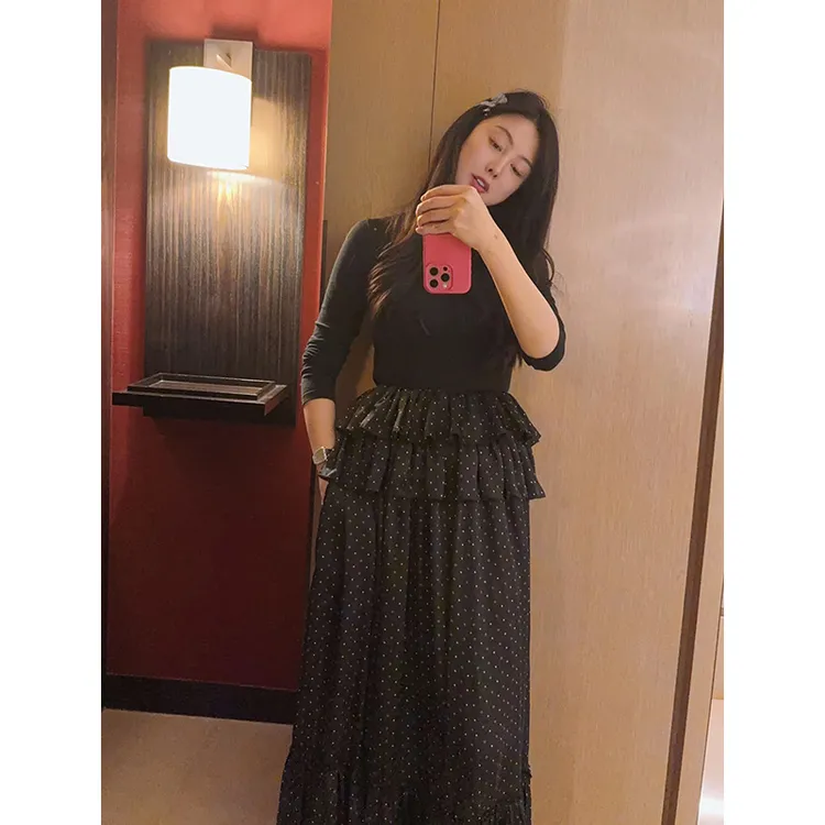 TRACY CHU奇思妙想复古波点两穿款荷叶边半裙&吊带抹胸裙百搭高级