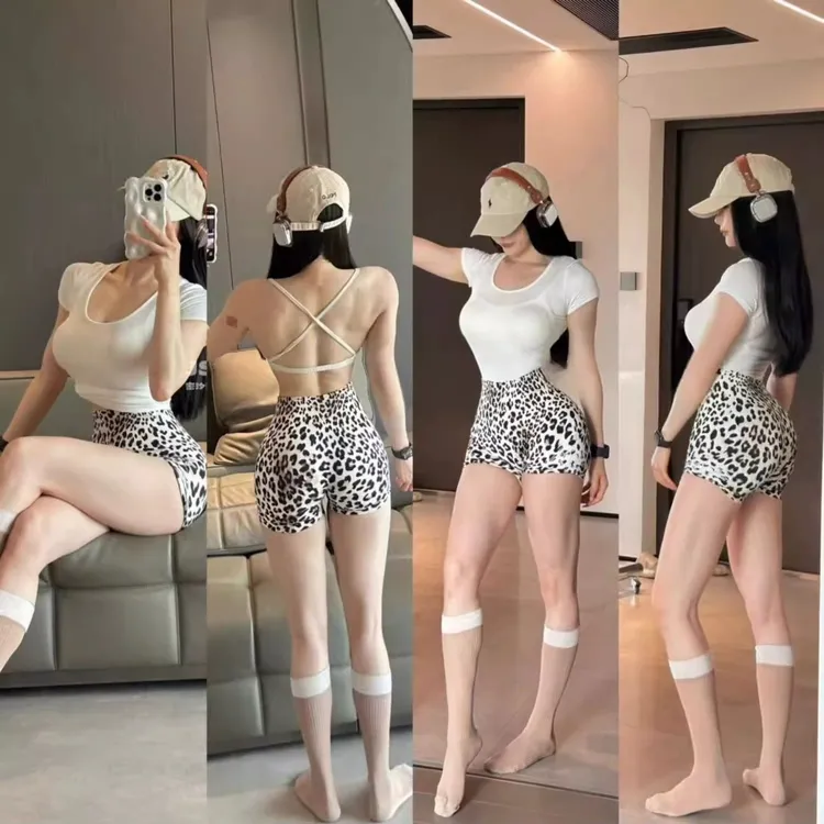 印花瑜伽服短裤女夏高腰蜜桃提臀裤运动健身豹纹裤子紧身跑步三分